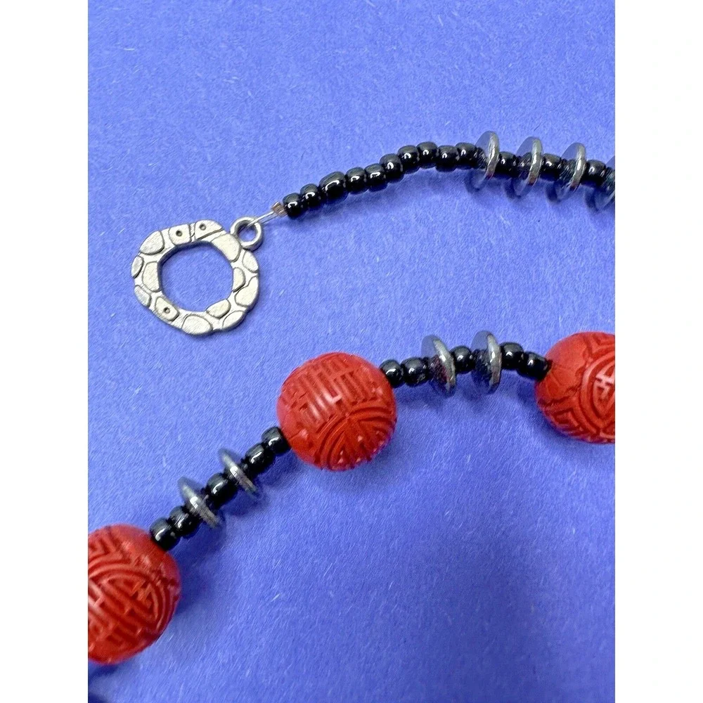 Cinnabar Hand Carved Necklace Red Beads Dangle Hematite Black Quartz ‎ 22